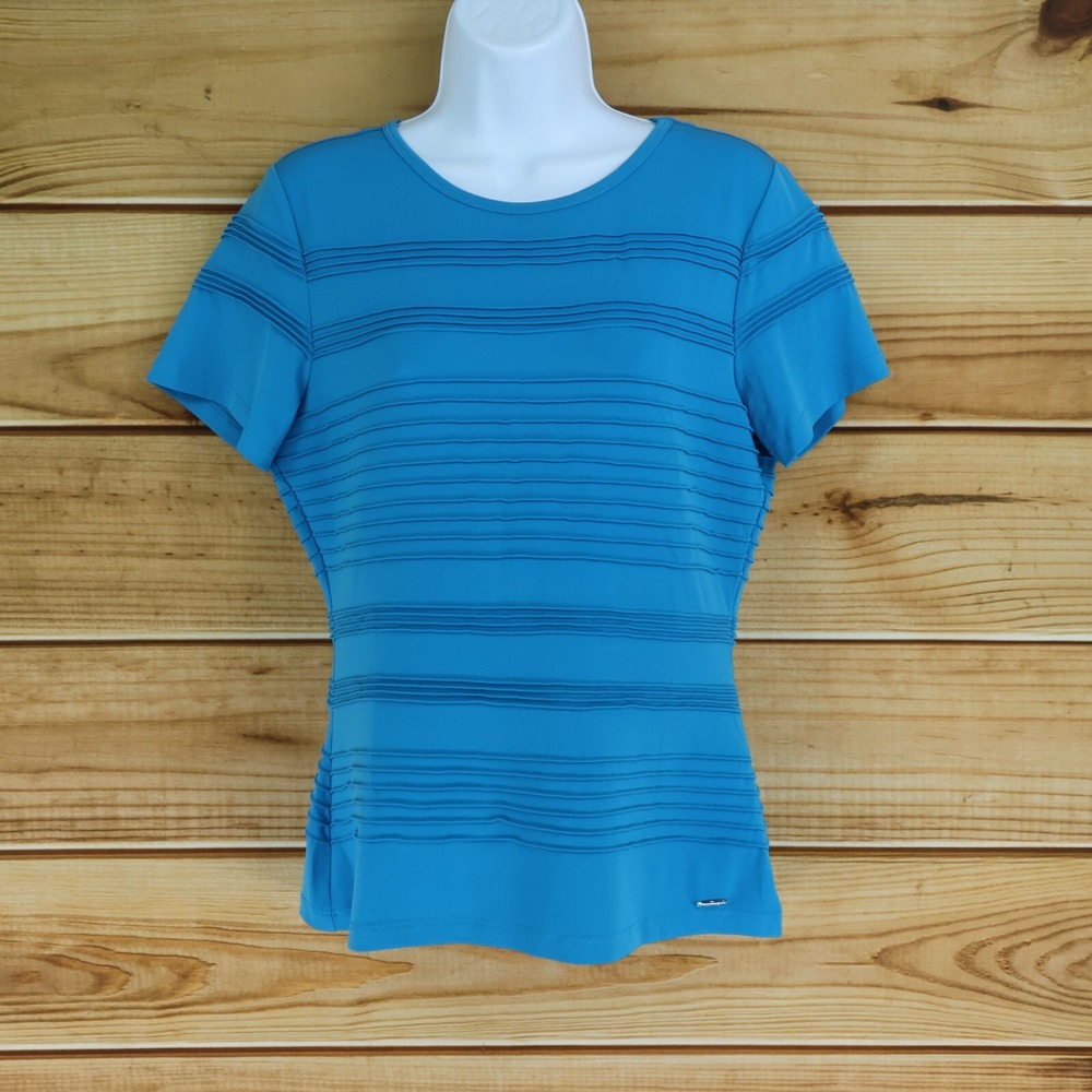 Calvin Klein Blouse Womens Size M Blue Textured‎ Stripes Stretch Short Sleeves